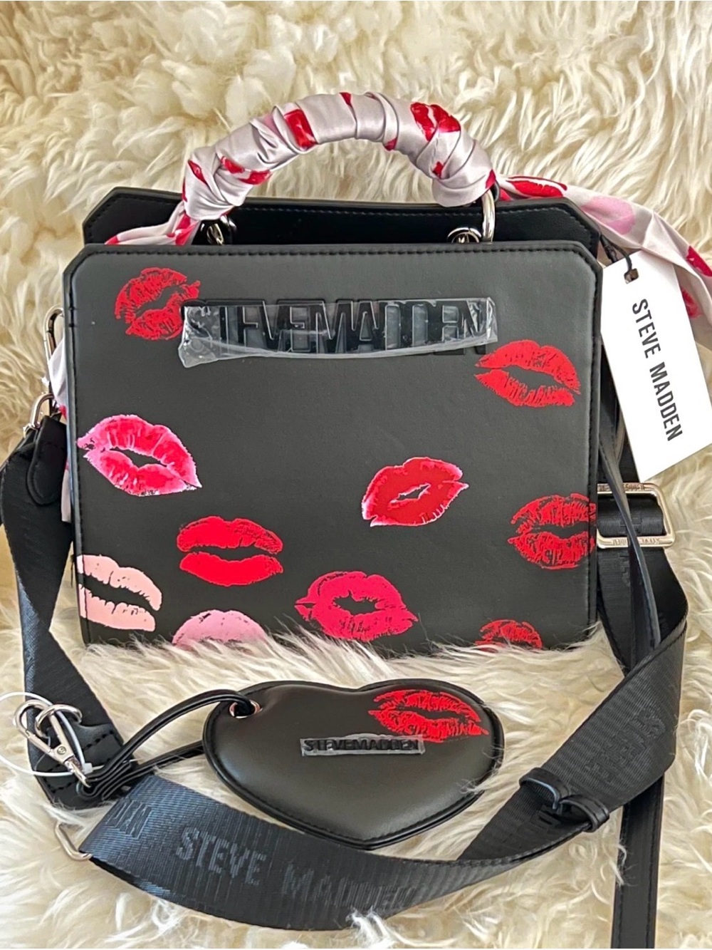 Steve Madden Black Satchel with Red & Pink Kiss Prints NWT